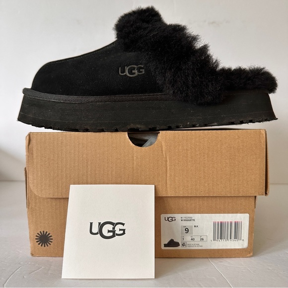 UGG Disquette Platform Slippers Sheepskin And Suede Women's Size 9 Black 1122550 - Picture 1 of 14